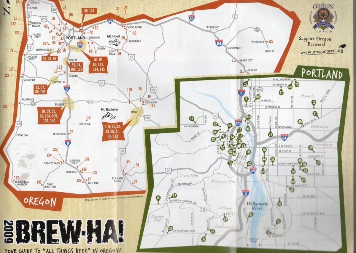 mapa pivovarov v meste Portland Oregon 